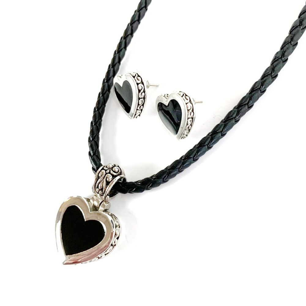 Silver and Black Heart Necklace and Earring Set - Picture 5 of 7